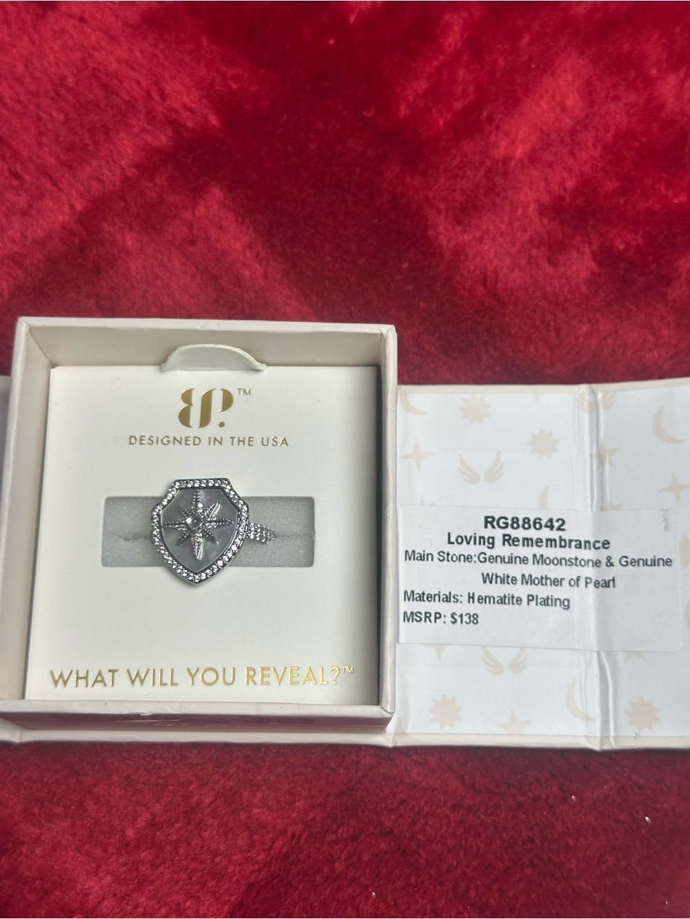 Loving Remembrance White Mother of Pearl Shield Ring - Designed in the USA